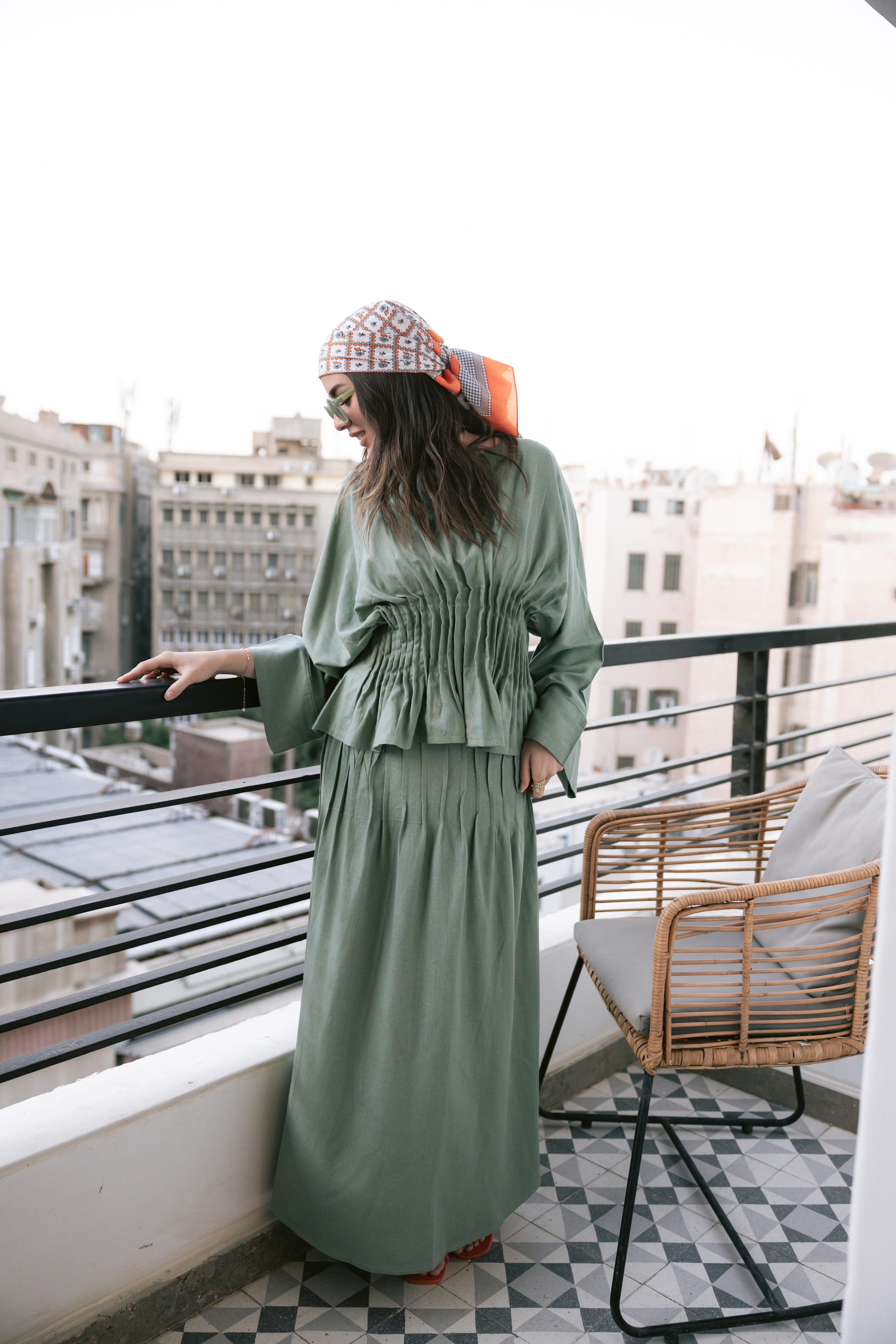 Pleated linen set in mint green