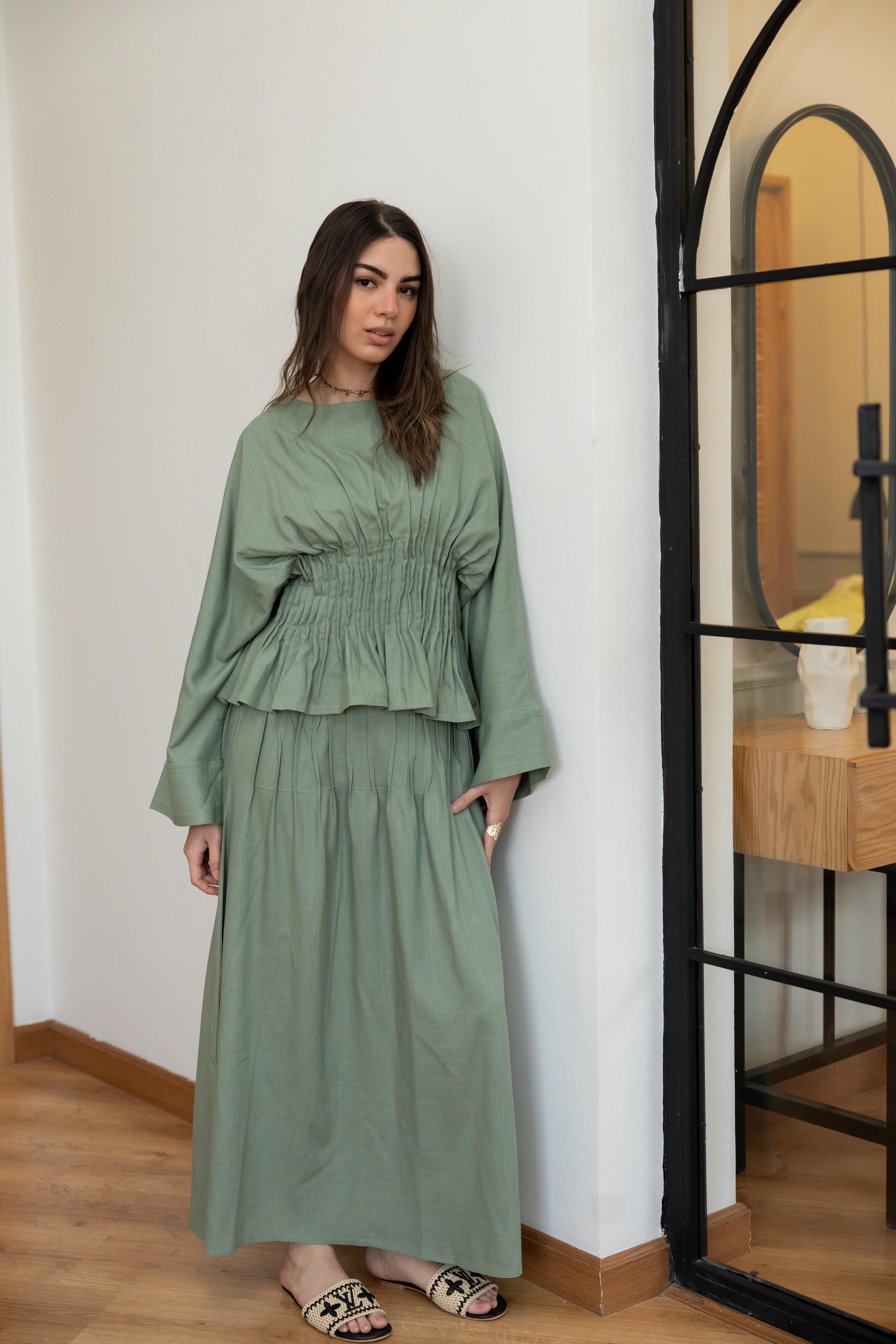 Pleated linen set in mint green
