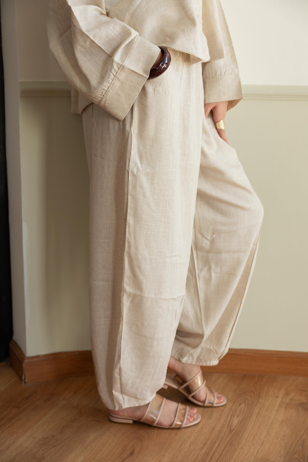 Linen set in beige .