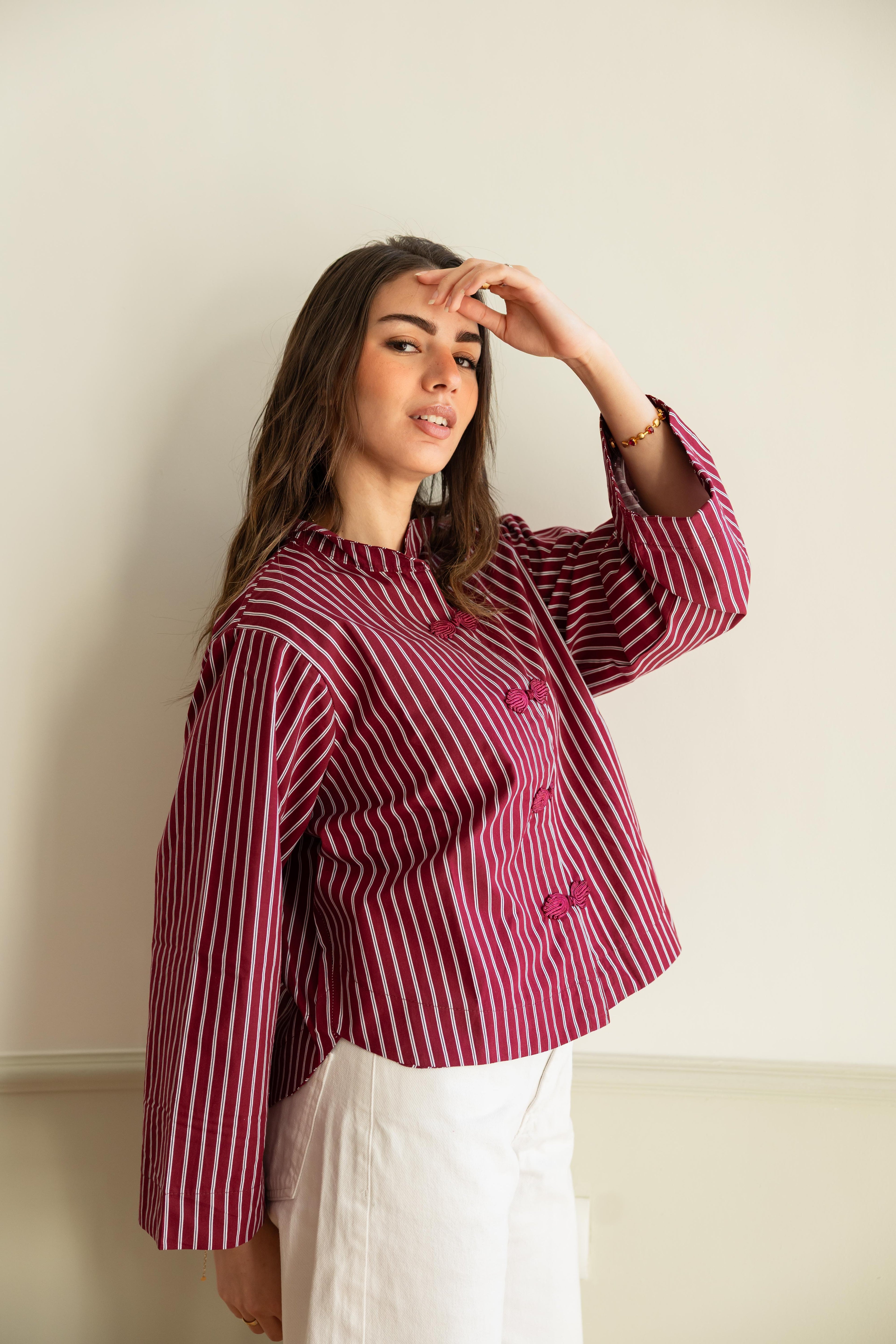 Stripped chemise in burgundy .