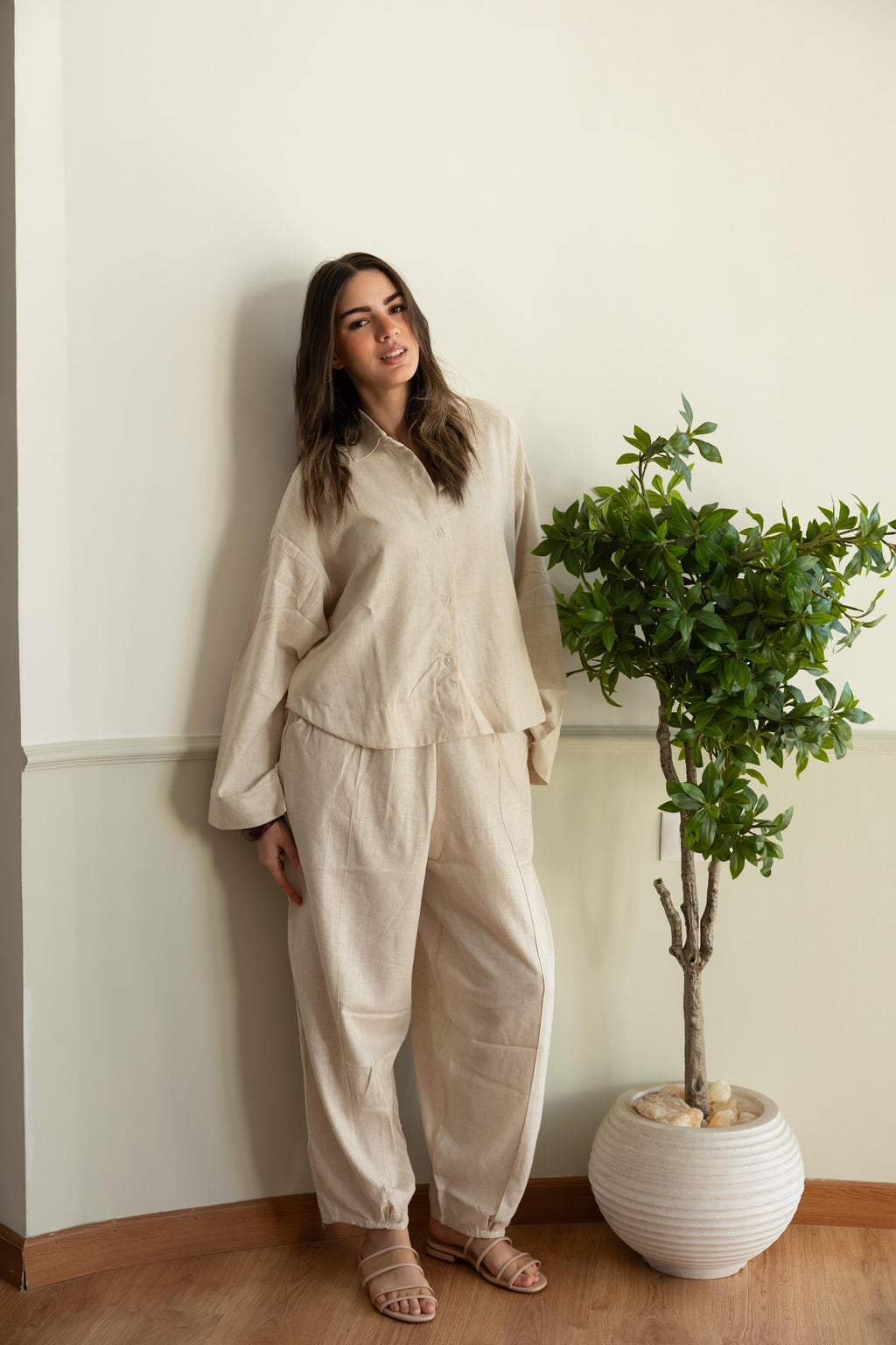Linen set in beige .
