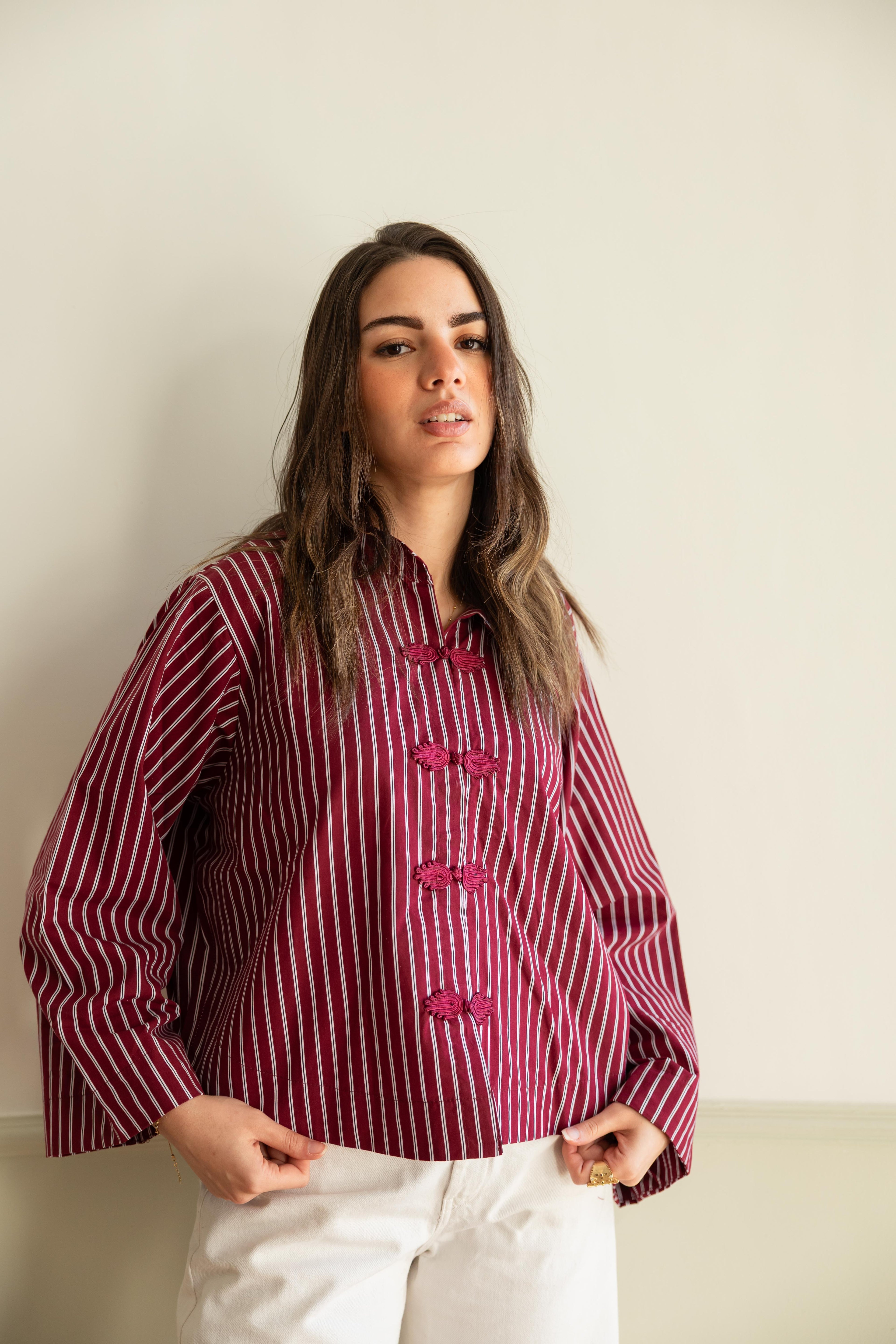 Stripped chemise in burgundy .