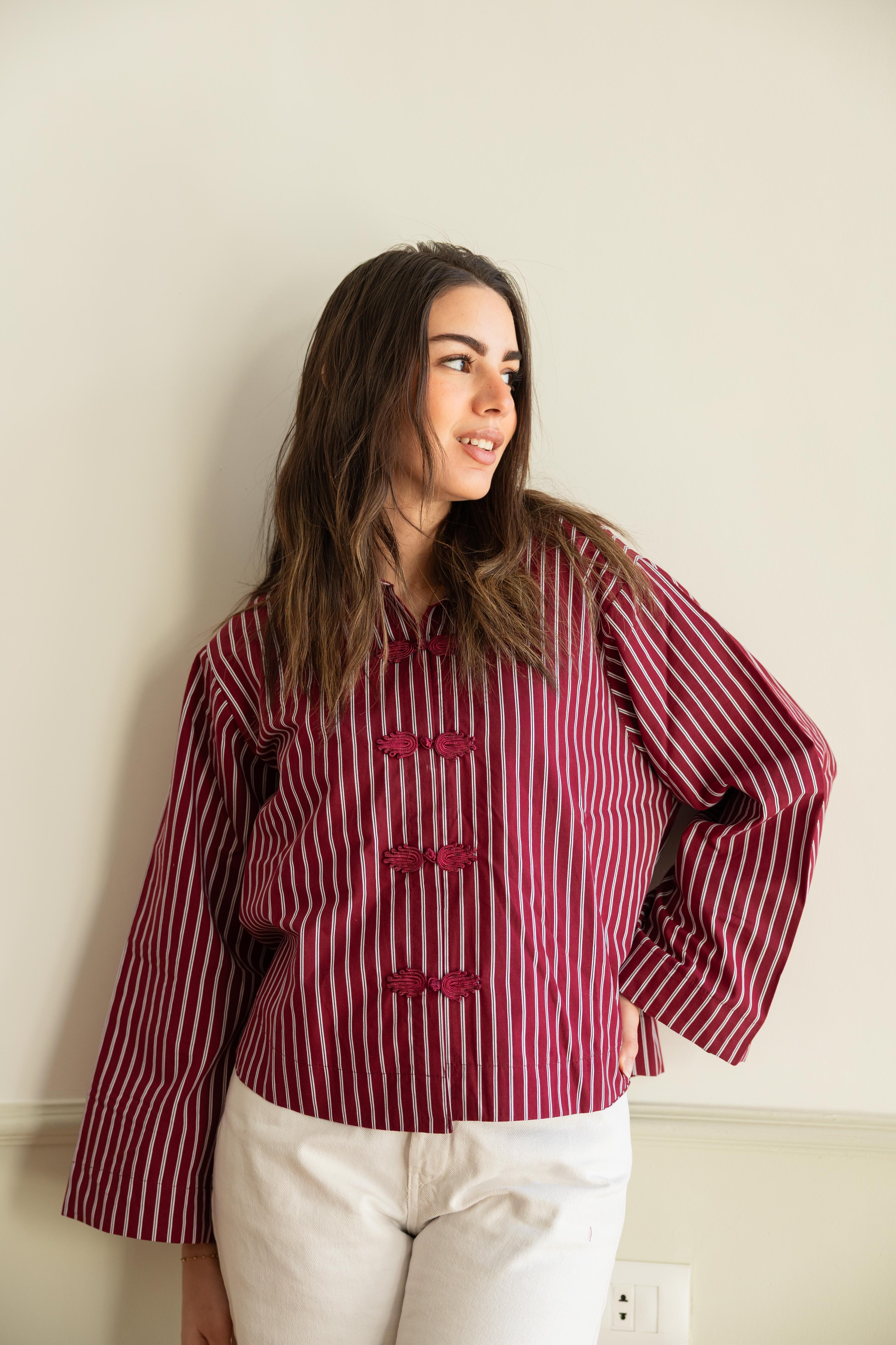 Stripped chemise in burgundy .